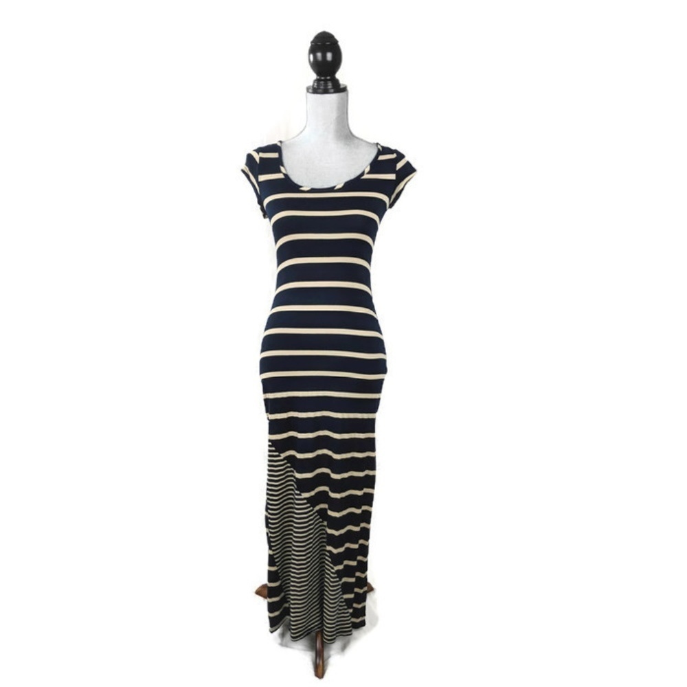 Everleigh Long Maxi Dress Womens S Blue Beige Striped Short Sleeve Stretchy